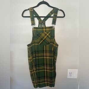 Fashion nova green plaid overall dress NWT